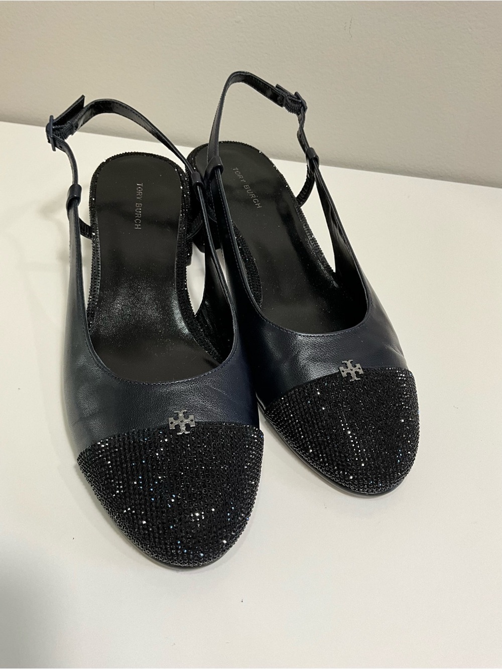 TORY BURCH Cap Toe Pave Crystal Slingbacks 45mm Black Leather Pumps